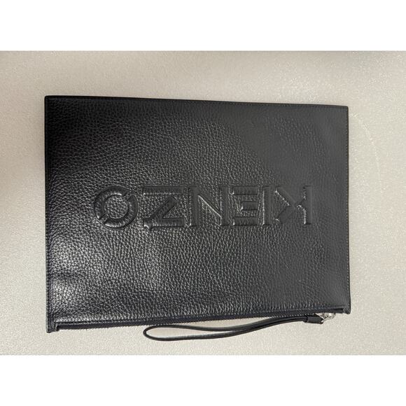 Kenzo Pouch Bag Leather Clutch Wristlet Zip Case Travel Unisex Embossed Black - Picture 5 of 11